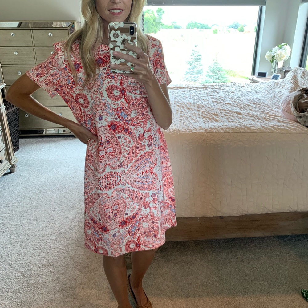 Red paisley shift dress